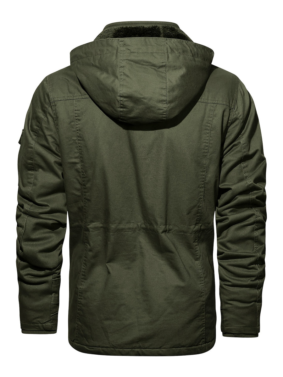 Men'S Winter Fleece-Lined Hooded Jacket - Thick Warm Insulated, Multiple Pockets, 100% Polyester Casual Coat, Machine Washable Regular Fit for Autumn/Winter Outdoor Wear, Winter Outerwear - fern green