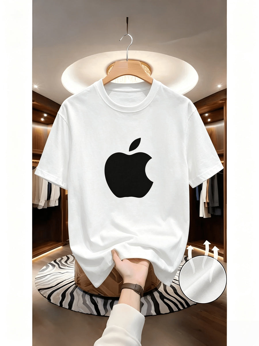 Men's T-shirt, Daily Wear, Casual, Sporty, Breathable and Comfortable, Trendy and Fun Printed Pattern, Classic European and American Minimalist Colors, Short-sleeved T-shirt with Large Apple LOGO Centered Print, Versatile Crew Neck Top for Office - White