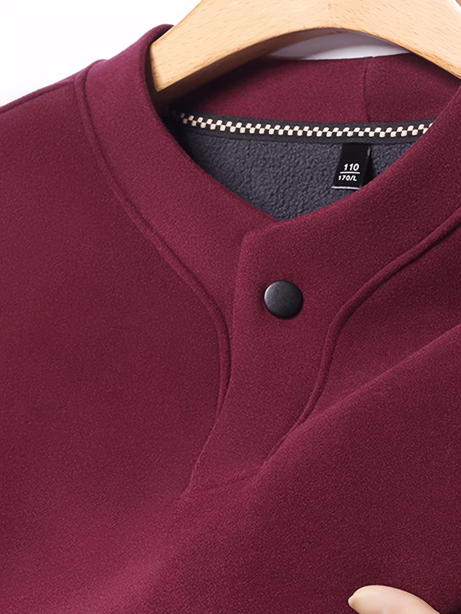 Men'S Single-Button Henley Collar Fleece Long Sleeve Top, Solid Color Minimalist Design Without LOGO, Light Luxury Easy Men'S Style - SINBOS - Burgundy