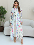 Women Modest Floral Print Pleated Abaya Open Front Long Cardigan Dubai Arab Turkish Kimono Duster Coat Vintage Geometric Border Cover Up Beach Robe Outerwear - White