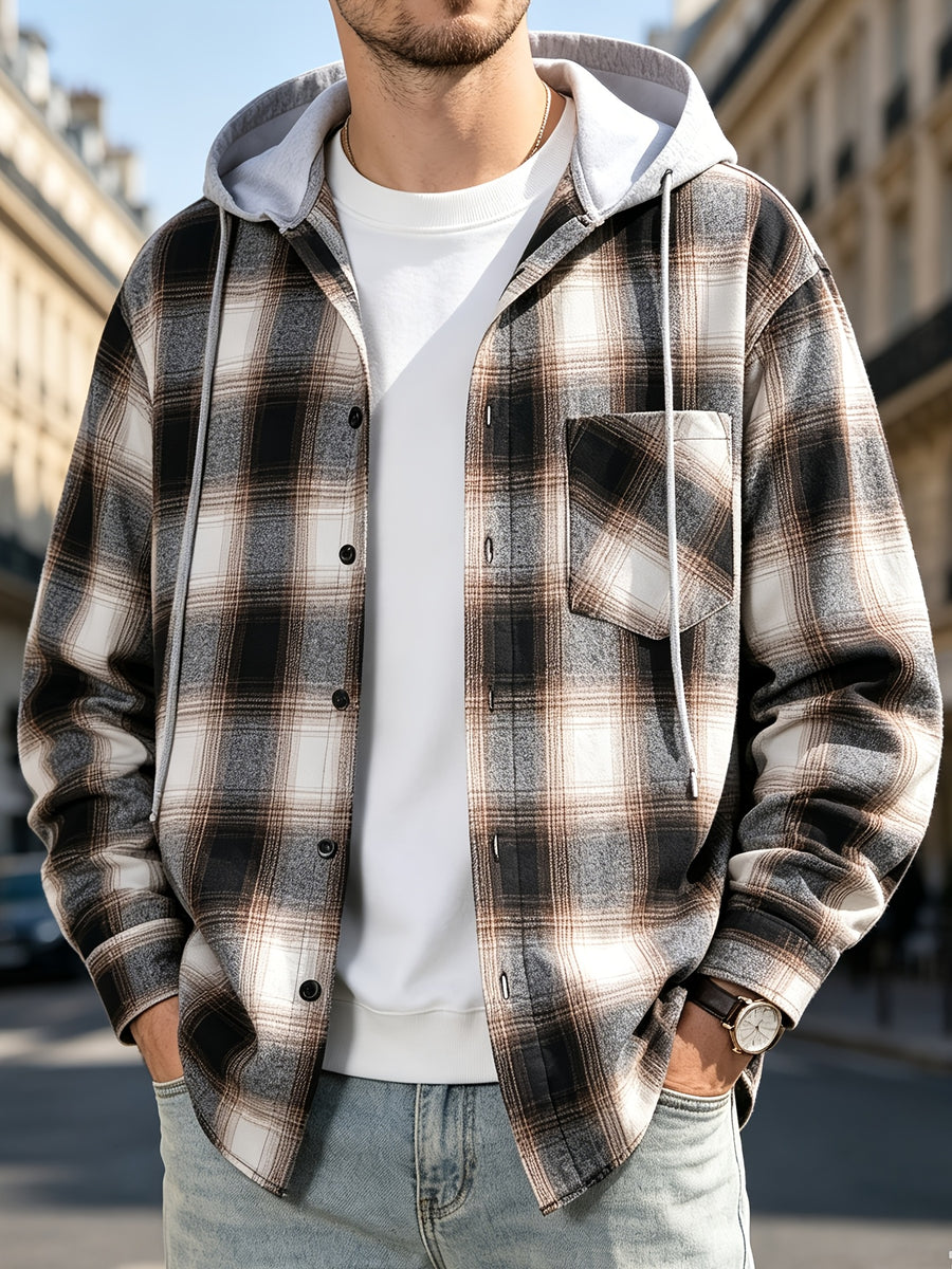 Men'S Hooded Plaid Shirt Jacket, Classic Color-Block Checkered Design, Layered And Practical, Loose Drop Shoulder Fit, Easy And Elegant Chest Pocket Detail, Suitable for Spring/Autumn Daily Commute, Casual Outings, And Dates - Khaki plaid pattern