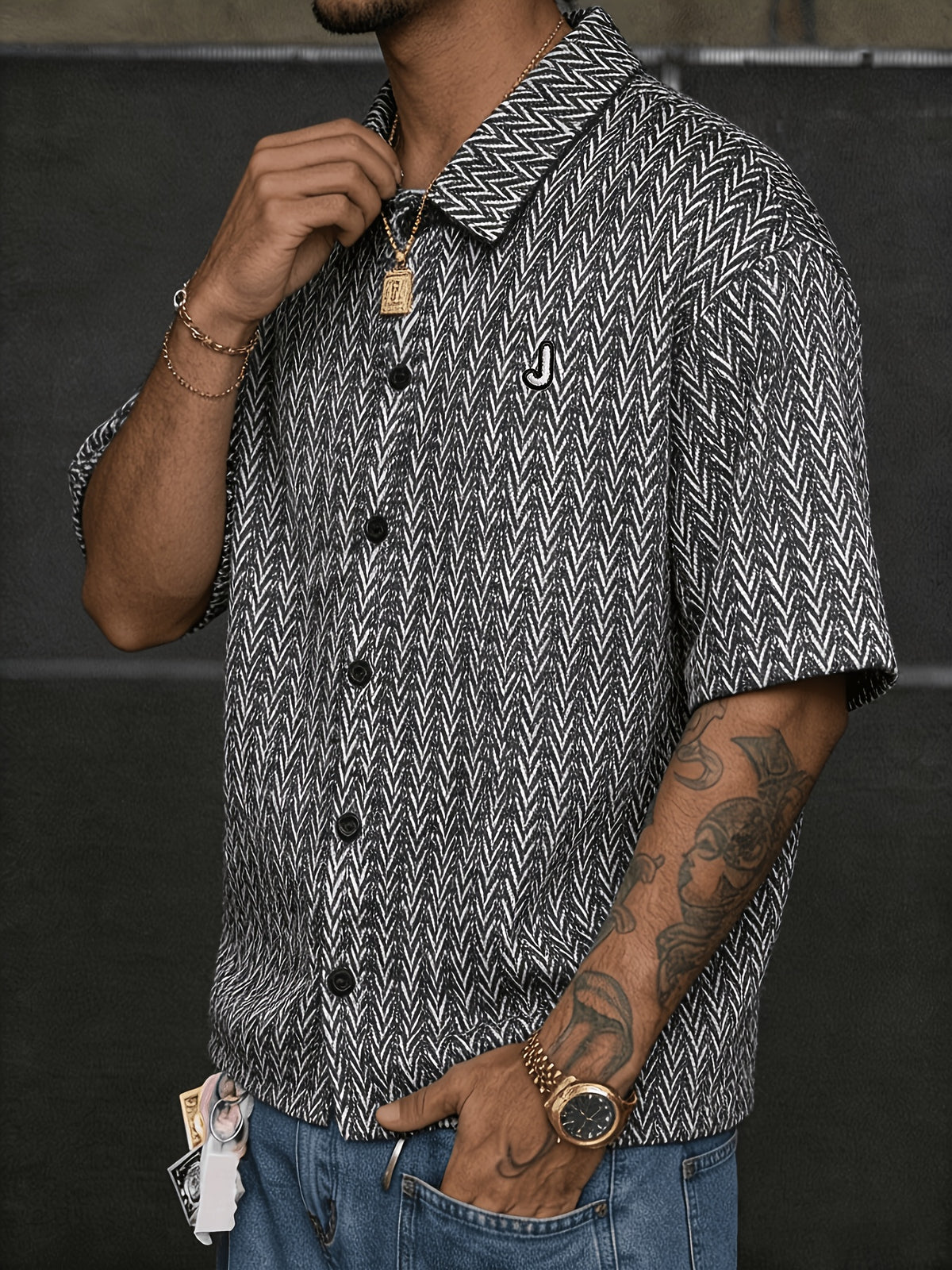 Bohemian Style Men'S Short Sleeve Shirt, Thick Needle Jacquard Geometric Print, Loose Lapel Casual Top Jacket, Summer Breathable - Black