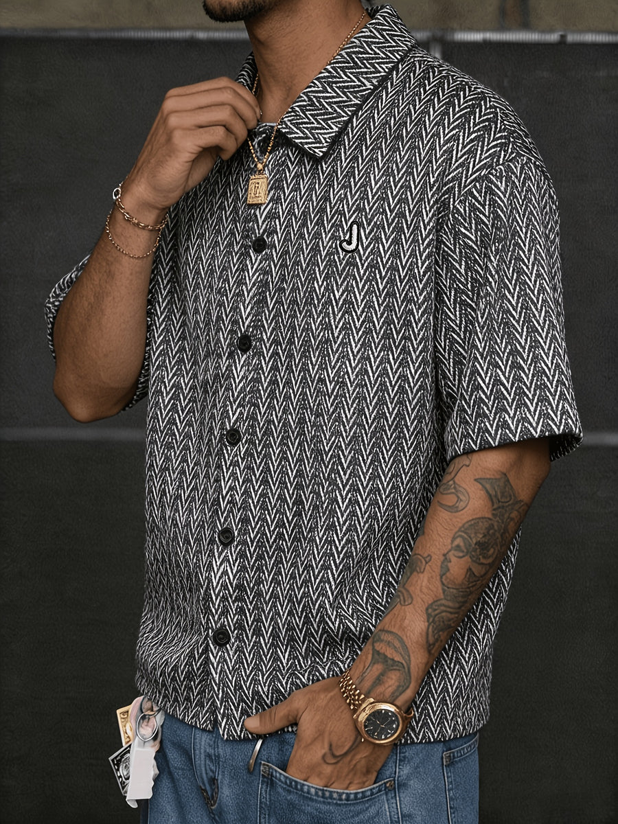 Bohemian Style Men'S Short Sleeve Shirt, Thick Needle Jacquard Geometric Print, Loose Lapel Casual Top Jacket, Summer Breathable - Black