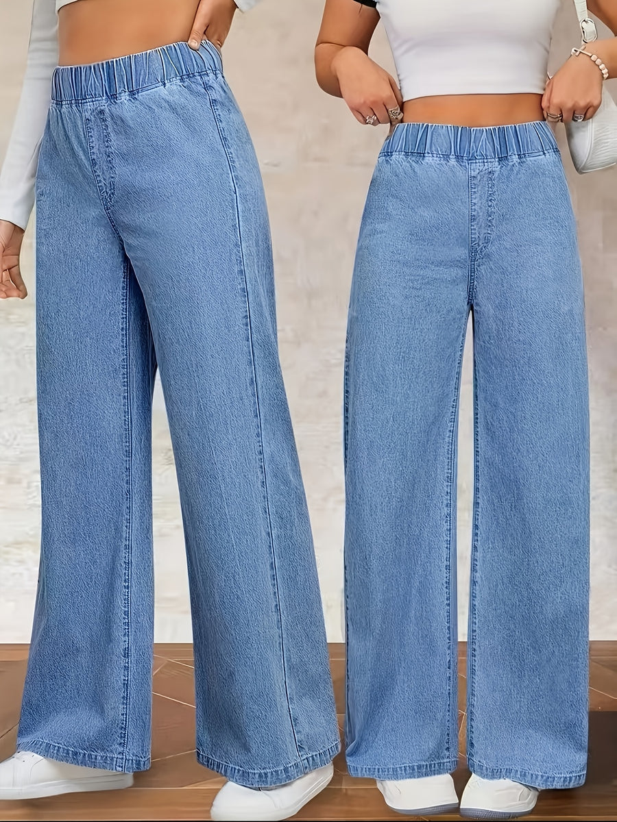 Women'S Washed Casual High-Waist Stretch Elastic Waist Top Blue Jeans And Clothing, Plus Size Women'S Jeans Long Pants All-Match Elegant Wide-Leg Cow Jean Plus Size Women'S Jeans Long Pants - Light Blue