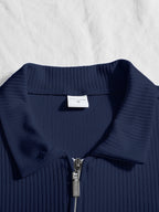 Men's Autumn/Winter Long Sleeve Lapel Collar Outdoor Casual Sport Half-Zip Polo Shirt - Navy Color