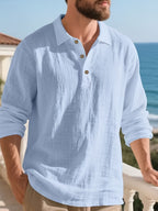 [Pearson OBM] Men'S Casual Fashion Breathable Soft Linen Texture Fabric Anti-Wrinkle Versatile Suitable for Daily Work Commuting Island Vacation Light Business Men'S Shirt - Sky Blue