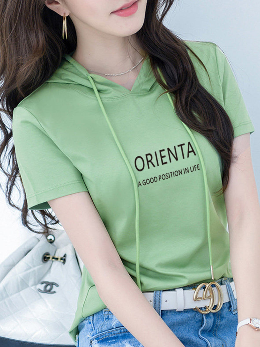 Summer New Korean Version Loose Short Sleeve Thin Trendy Printed Hooded T-Shirt Casual Drawstring Loose Short Sleeve Shirt for Women Regular - Light Green