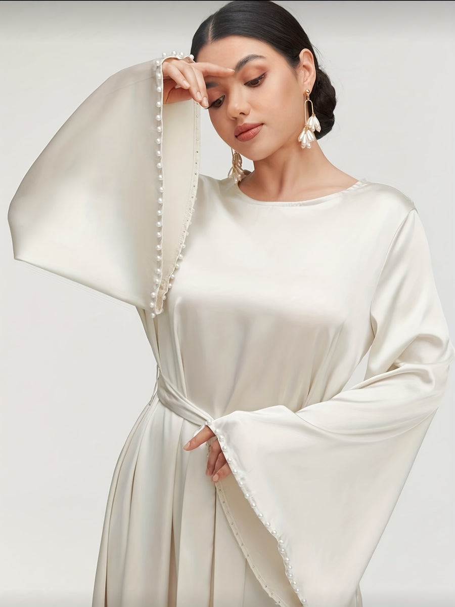 1pc Slim-fit Stretch Abaya Sleeve Front Zipper A-line AbayaElegant Flowing Muslim Robe Convenient Daily Islamic Women's WearStretch Sleeve Front Zipper AbayaSuitable for Daily Commuting, Gatherings with Family Friends, and Islamic Festive Occasions - White