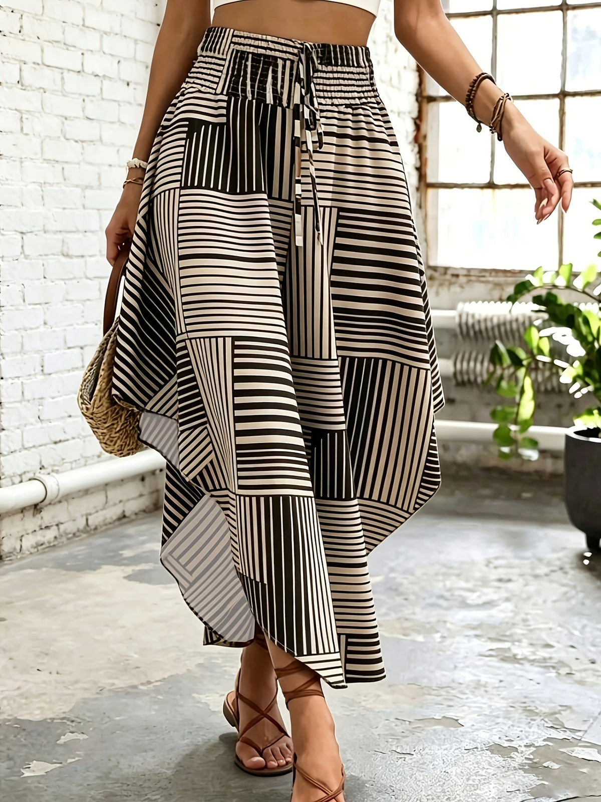 Elegant Special Women's Dress with Striped Contrast Color Belt - Stripe