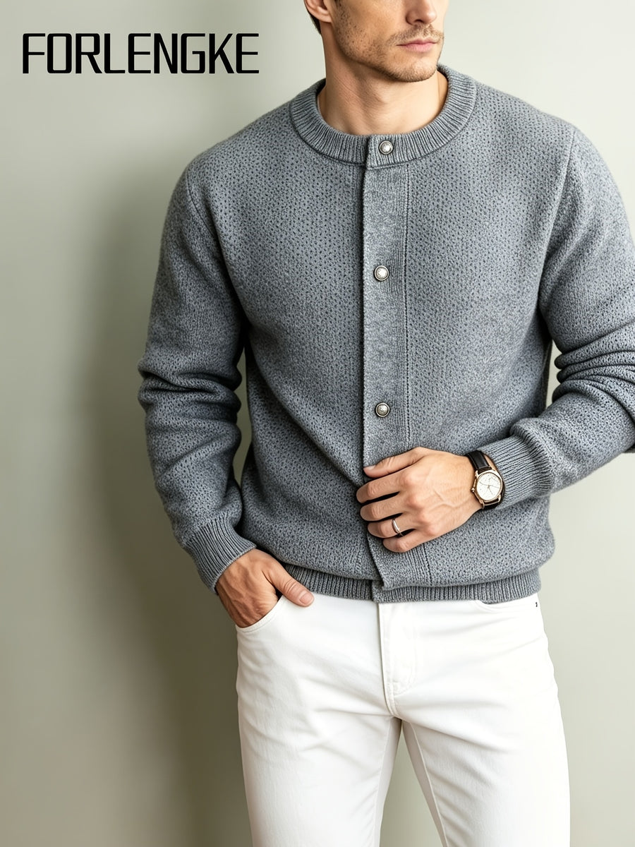 Men'S Italian Casual Gentleman Windproof Solid Round Neck Knit Cardigan Top, Heavy Fabric Warm Non-Constricting Ribbed Hem Windproof Fitted, Suitable for Coffee Dates Art Exhibitions City Strolls Mall Shopping Holiday Leisure Commute Outerwear Top - Grey