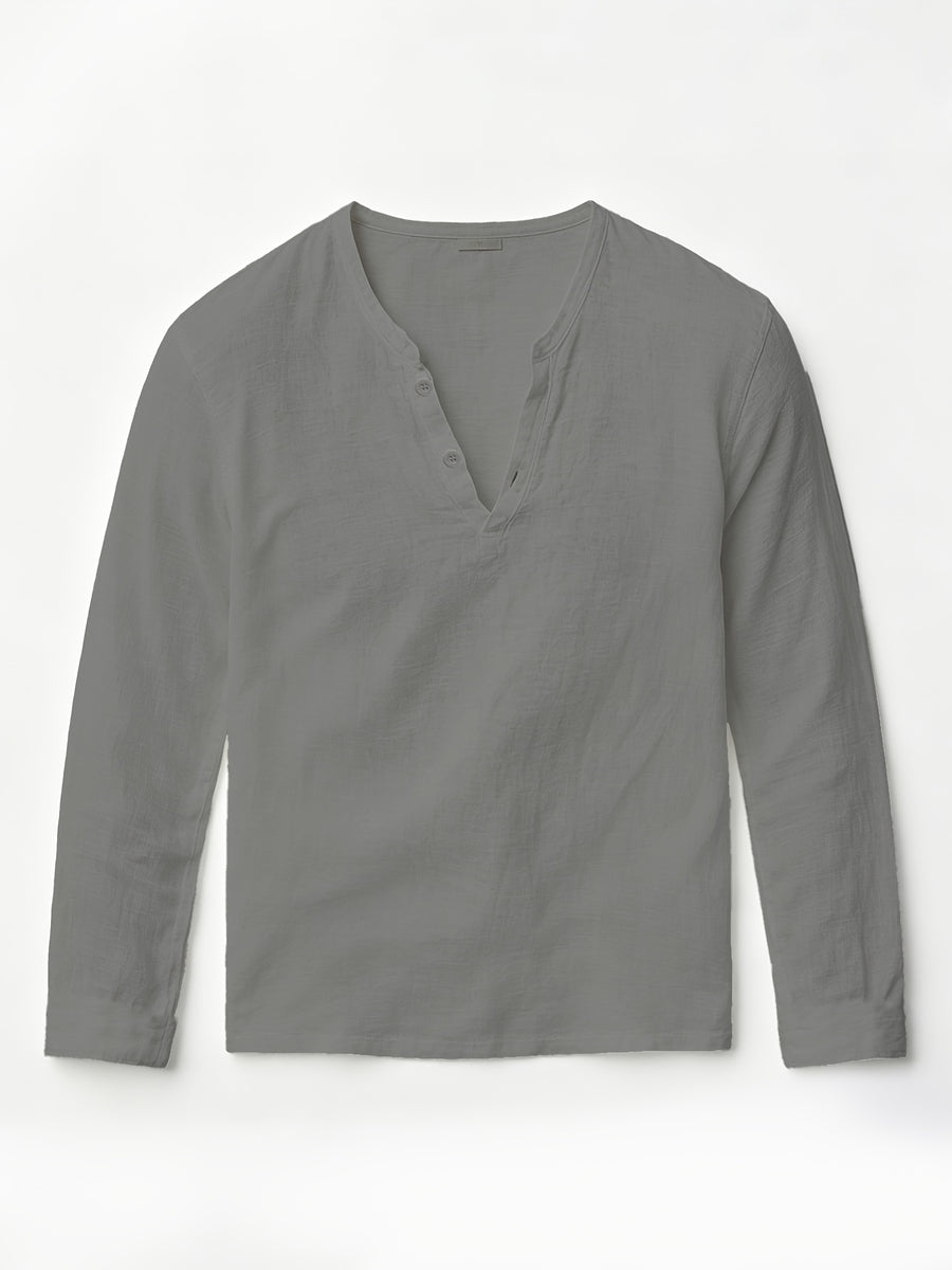 Men'S Linen Long-Sleeve 3pcs, Breathable Henley Neck Loose Fit T-Shirts for Spring And Autumn, Versatile for Business Casual, Commuting, And Lounging. (Box And Props for Display Solely) - Gray + Khaki + Sky Blue