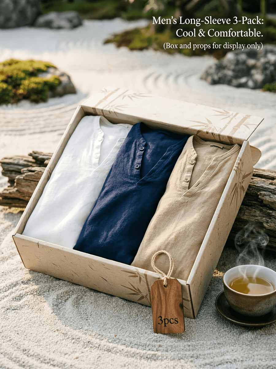Men'S Linen Long-Sleeve 3pcs, Breathable Henley Neck Loose Fit T-Shirts for Spring And Autumn, Versatile for Business Casual, Commuting, And Lounging. (Box And Props for Display Solely) - White+Navy+Khaki