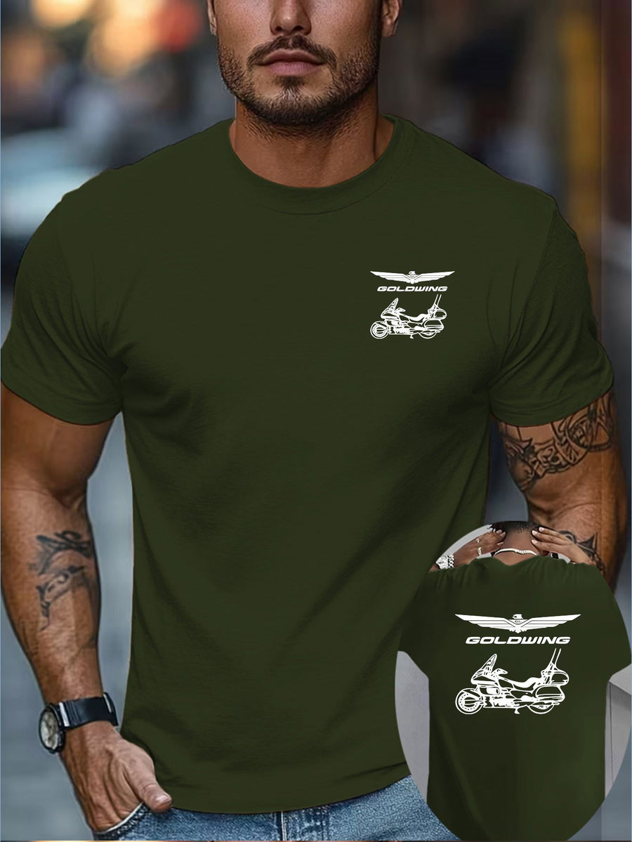 Creative Double-Sided Print Pattern Men'S Short Sleeve T-Shirt, Goldwing Motorcycle Silhouette Print T-Shirt, Motorcycle Culture, Easy, Men'S Fashion Trendy Short Sleeve, Suitable for Daily Casual And Outdoor Sports Fitness - fern green