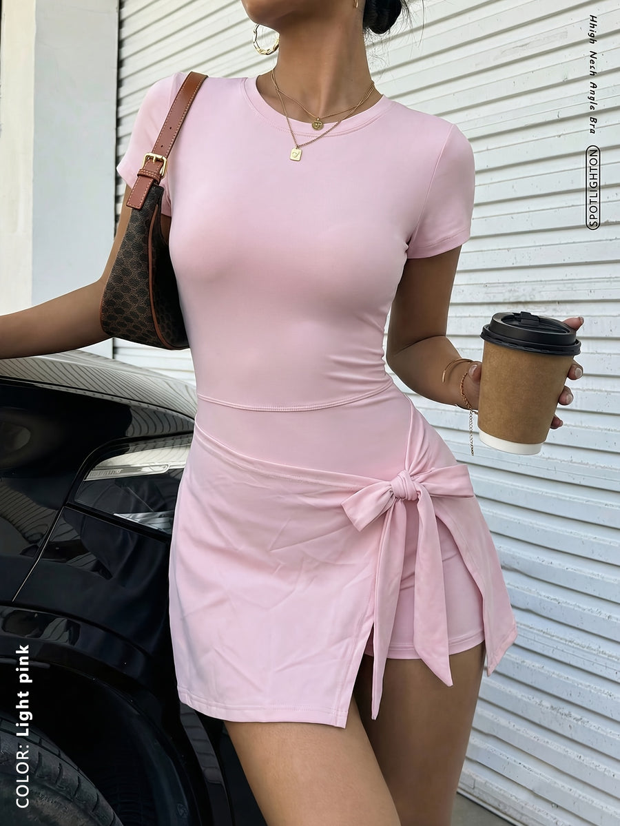 Women's Fashion Outdoor Yoga Running Pilates Commuting Dating Beach Daily Essential Stretchy Sexy Comfortable Casual Short-Sleeve Backless Navel-Control Butt-Lifting Shaping Skin-Beautifying Waist-Defining Youthful Vitality Fitness Dress - Pink Color
