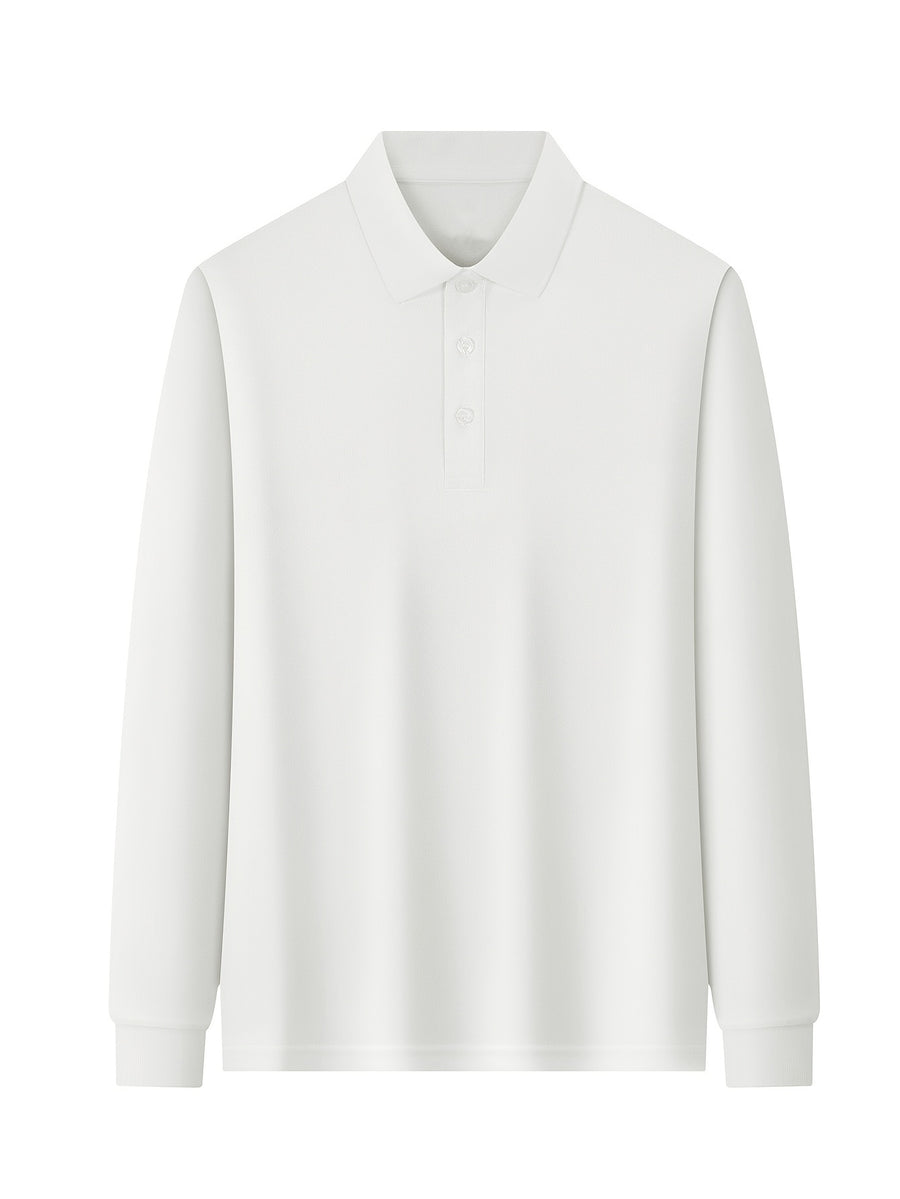 Men'S Long Sleeve Polo Shirt, Solid Color 3-Button Collar Basic Style, High-Density Drapey Wrinkle-Resistant Pearlized Fabric, Home Casual Texture, All-Season Versatile Collar Top for Daily Commute - White