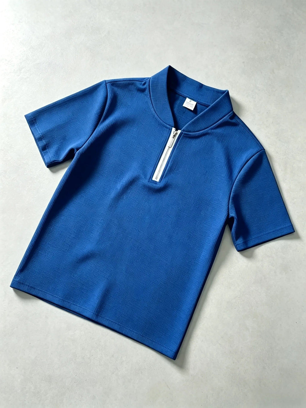 Men's Waffle Texture Half-Zip Stand Collar Top, Chinese Style Hanzi Print Loose Short-Sleeve Casual Vacation Polo Shirt - Royal Blue