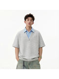 [Shule Water OBM] 2026 New Loose Design Japanese Fake Two-Piece Polo Collar Short Sleeve Men Women Style Summer Couple Half Sleeve T-Shirt - Grey