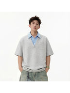 [Shule Water OBM] 2026 New Loose Design Japanese Fake Two-Piece Polo Collar Short Sleeve Men Women Style Summer Couple Half Sleeve T-Shirt - Grey