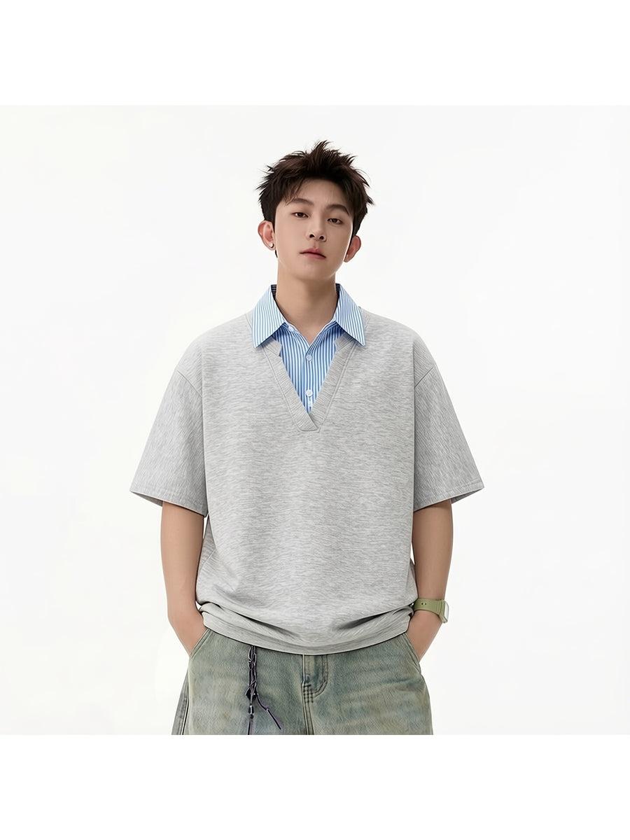 [Shule Water OBM] 2026 New Loose Design Japanese Fake Two-Piece Polo Collar Short Sleeve Men Women Style Summer Couple Half Sleeve T-Shirt - Grey