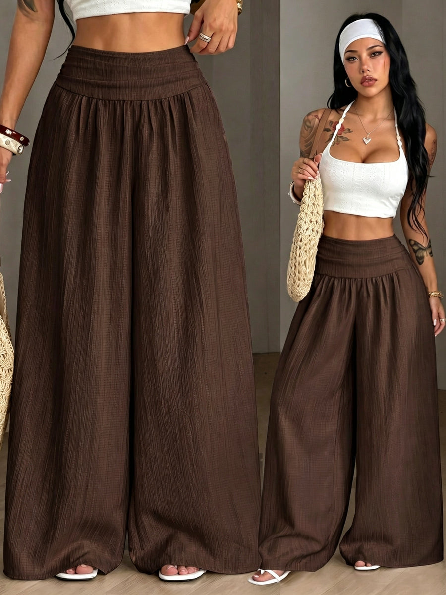 Women's Autumn/Winter Elegant Casual Vacation Solid Color Loose Textured Wide-Leg Pants - Coffee Color