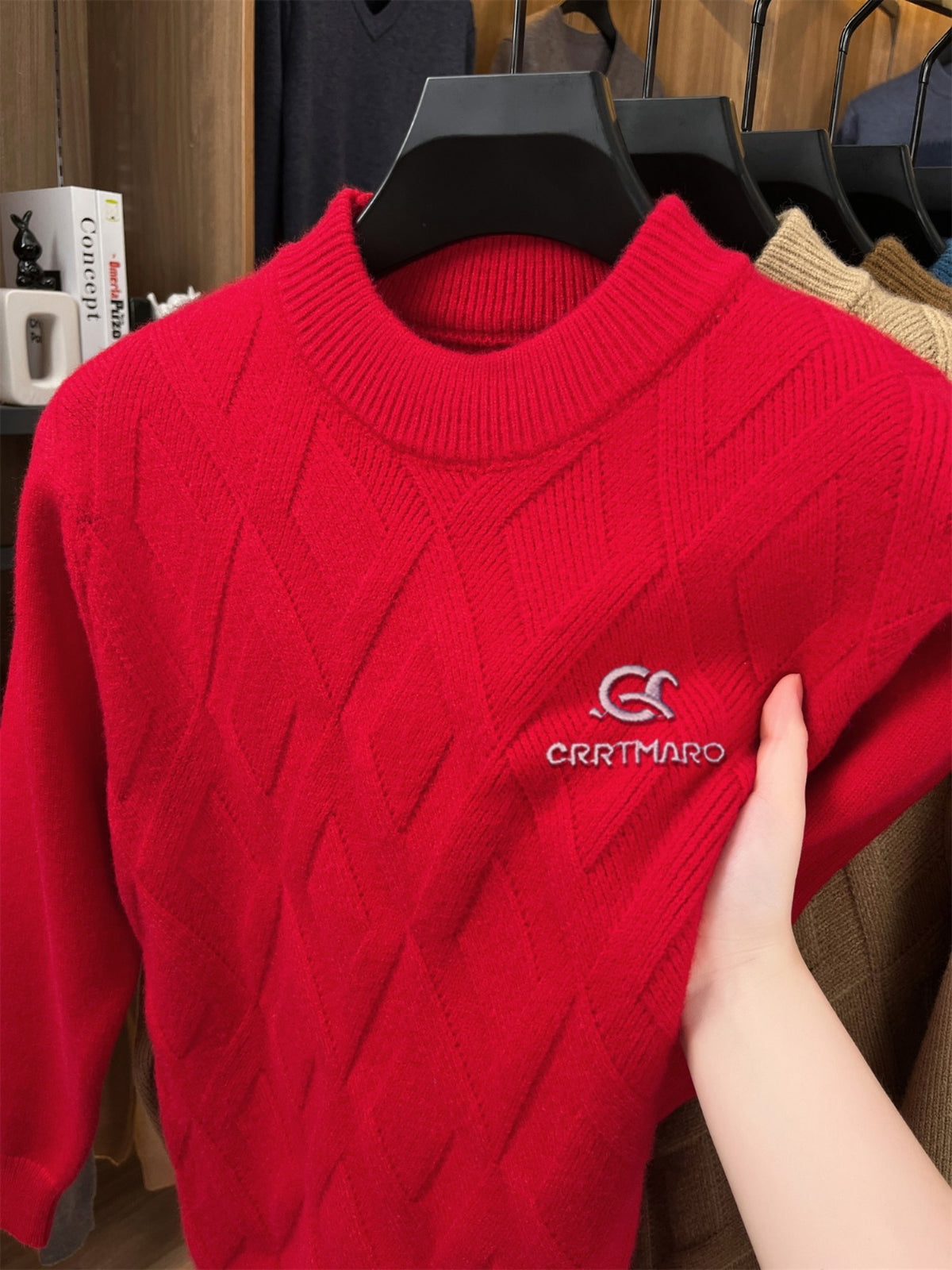 ZBZP Autumn Winter Knit 3D Solid Mid-High Neck Sweater, Basic Knit Pullover Top for Men, Fashion Long Sleeve Sweater SYD - Bright Red