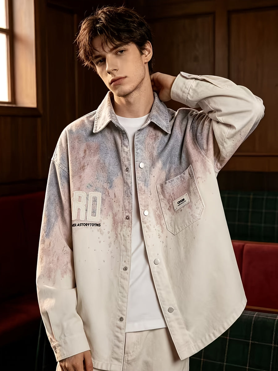 [Pearson OBM] Faux Denim Jacket Outerwear Gradient Long Sleeve Cardigan Couple Style Versatile Top Long Sleeve Shirt - Pink Color