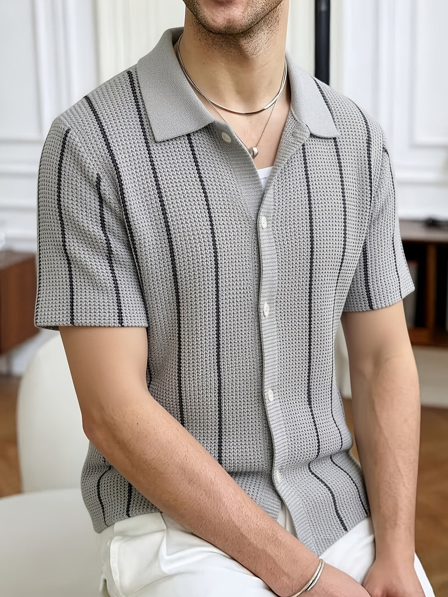 Spring Summer Men'S Short Sleeve Knit Sweater Casual Athletic Street Retro Style Vertical Stripe Pattern Lapel Button-Up Men'S Jacket Men'S Top Men'S Pullover - Grey