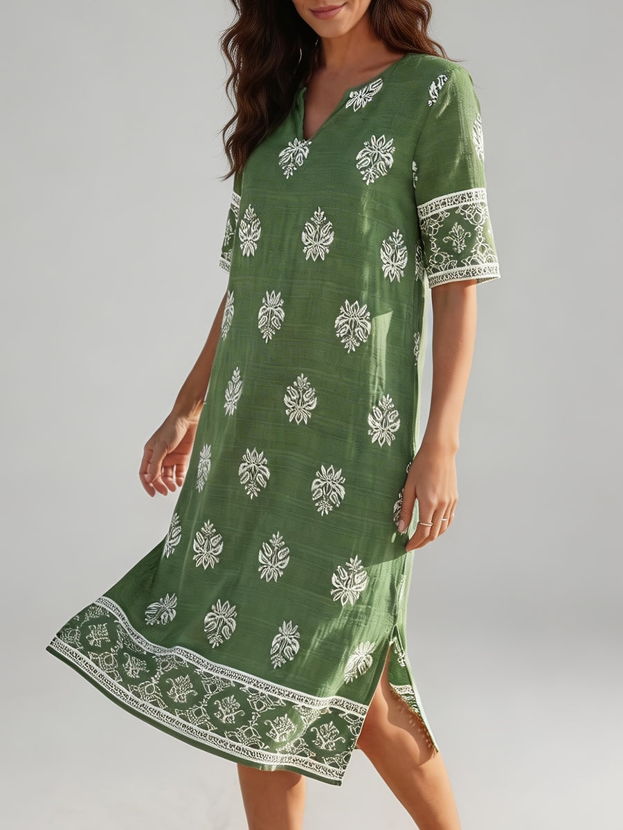 V-neck Short-sleeve Ethnic Print Dress with Slit Hem, Holiday Travel Beach Dress - Green