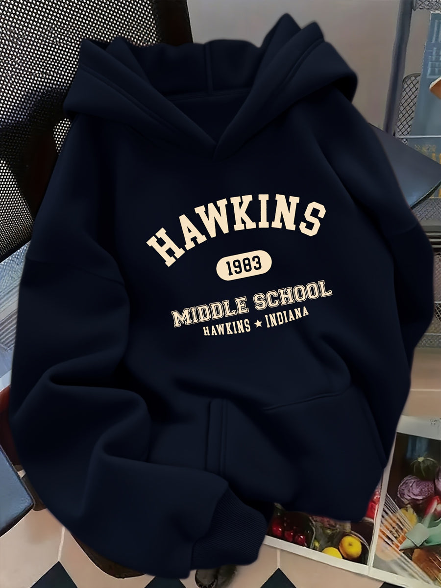 D92 - A Women'S Hooded Sweatshirt, Trendy Creative Letter Pattern Print, Beautiful Fashionable Loose Autumn And Winter New Versatile Casual Sweatshirt, Women'S Clothing, Solely Tops/No Bottoms - QHH4089 - Navy Color