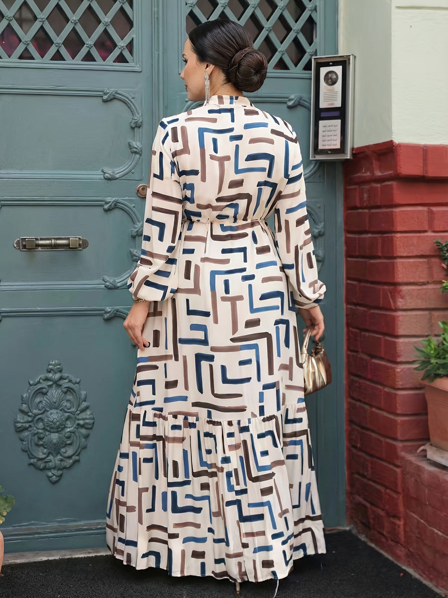 Middle Eastern Muslim Abayas, Elegant Temperament Printed Round Neck Puff Sleeve Tie-Up A-Line Robe, Headscarf Not Included - Navy Color