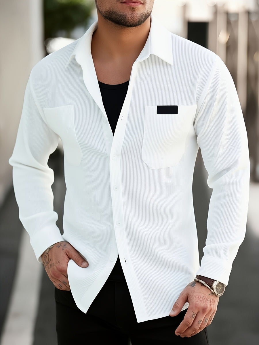 Spring And Autumn Men'S Corduroy Shirt (Jacket) Long Sleeve Lapel Double Pocket Regular Casual Retro Cool Top (Multi-Color) - White