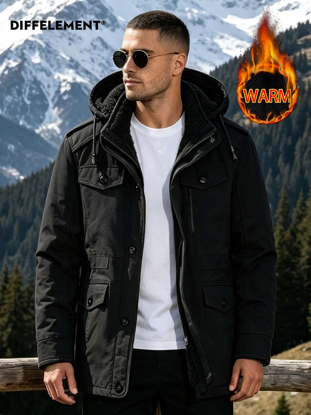 DIFFELEMENT Outdoor Hardcore Men's Workwear Style Mid-Length Hooded Parka Coat, Windproof Hood with Fleece-Lined Thickened Lamb's Interior, Double-Breasted Placket with Buttons, Multiple Pockets, Cold-Resistant, Wear-Resistant, Wrinkle-Resistant - Black
