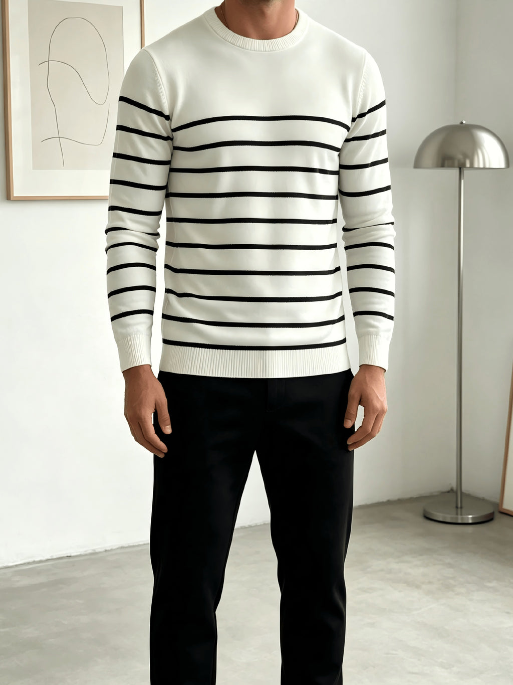 Men's Striped Long-Sleeve Crewneck Sweater, Simple Knitwear for Daily Commuting, Outerwear, Inner Layering, Versatile Style - White