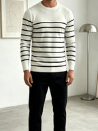 Men's Striped Long-Sleeve Crewneck Sweater, Simple Knitwear for Daily Commuting, Outerwear, Inner Layering, Versatile Style - White