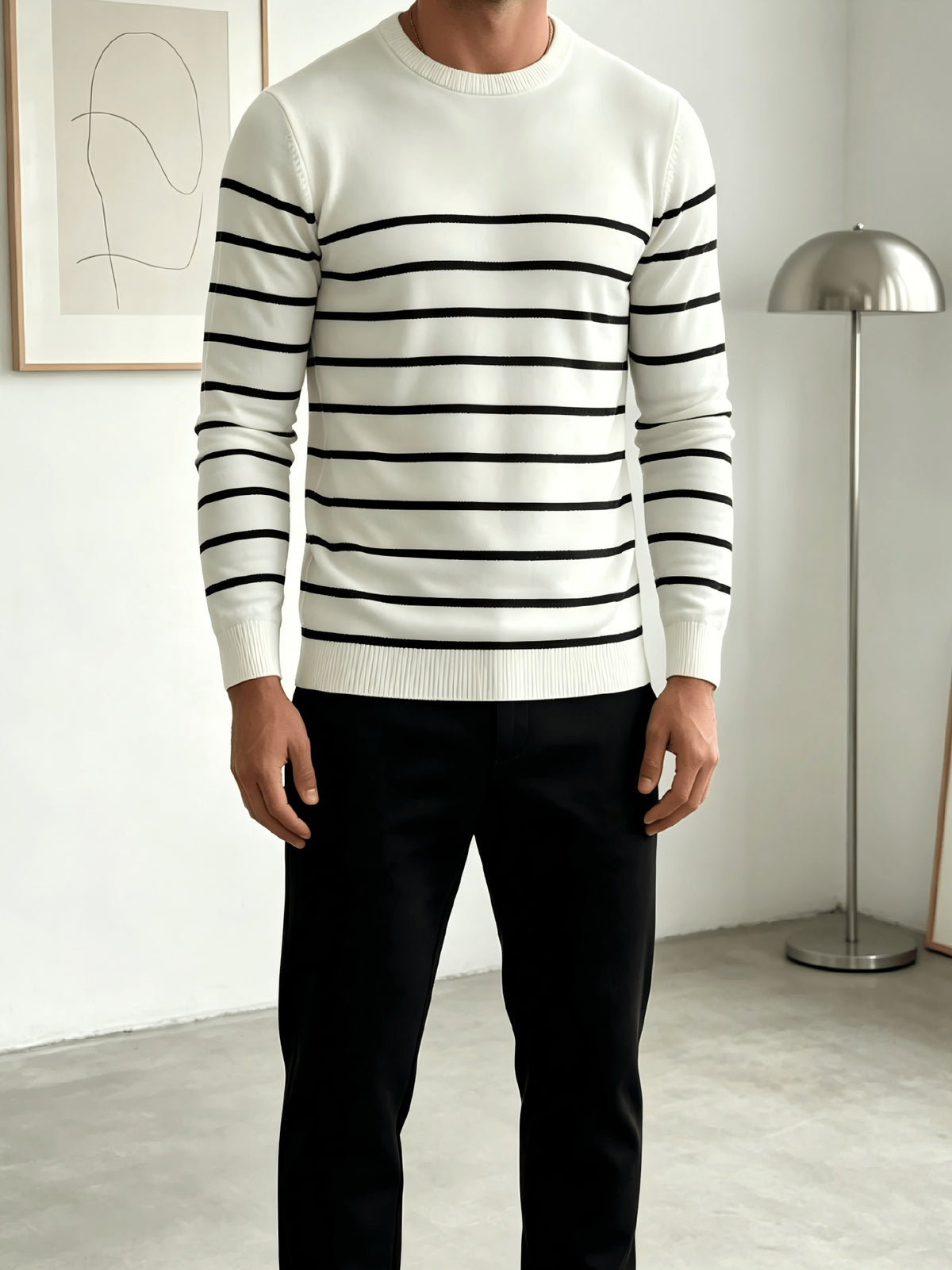Men's Striped Long-Sleeve Crewneck Sweater, Simple Knitwear for Daily Commuting, Outerwear, Inner Layering, Versatile Style - White