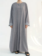 1pc Women's Elegant Floral Embroidered Saudi Arabian Abaya - Open Front Long Sleeve Loose Fit Islamic Dress, Middle Eastern Traditional Attire for Daily Wear, Vacation, Parties & Gatherings, Muslim Dress - Grey