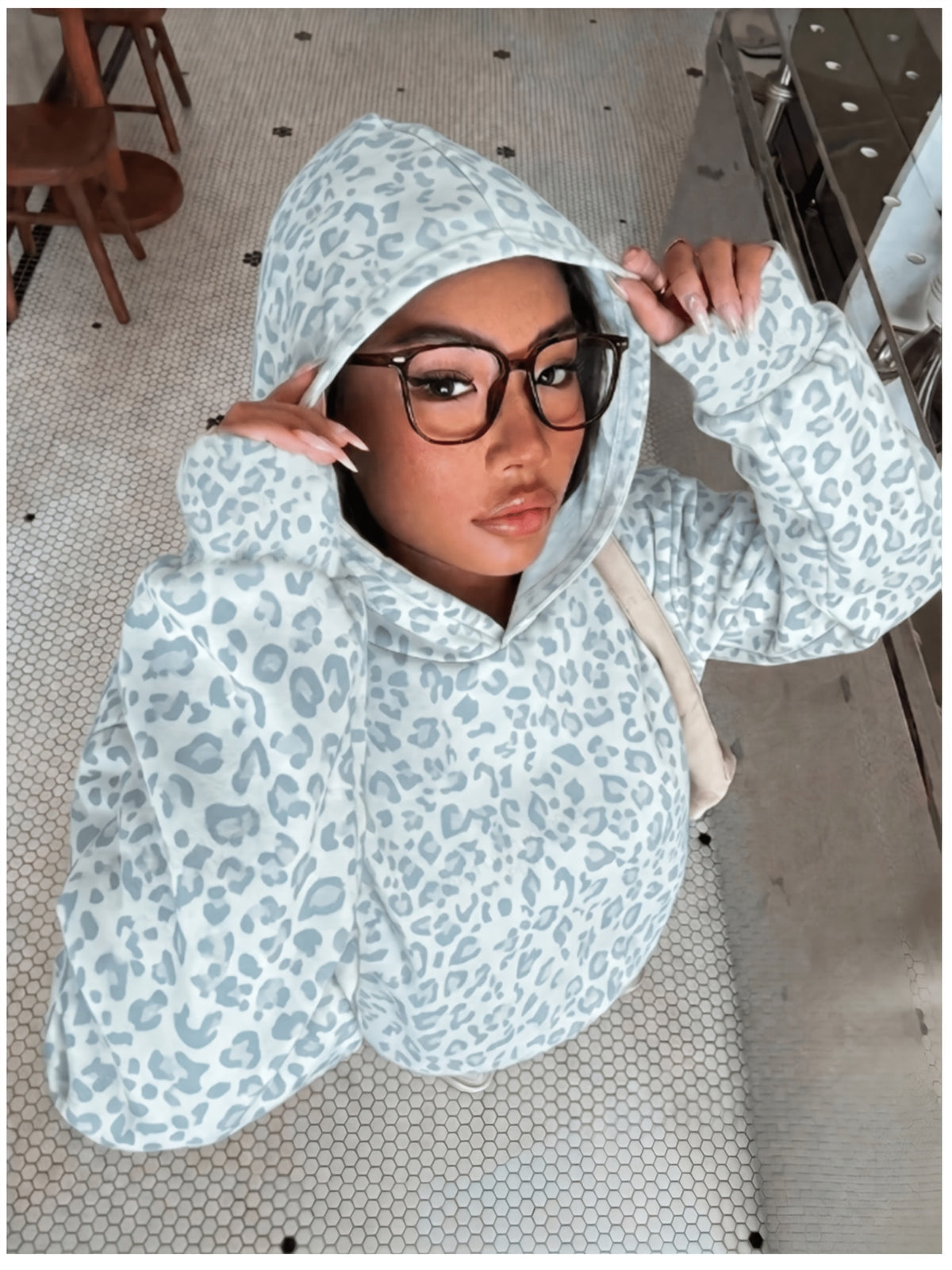 Women's Fashion Leopard Print Hoodie Sweatshirt - Light Cyan