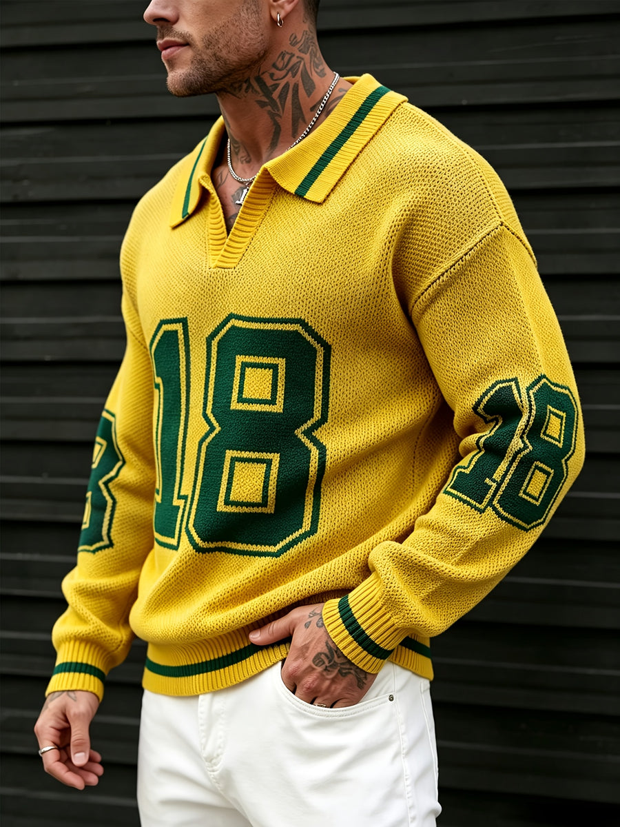 Men'S Polo Neck Knit Sweater with 18-Digit Pattern, Long Sleeve Casual Pullover, Retro Preppy Sporty Loose Fit Fall Winter Gray Top - Yellow