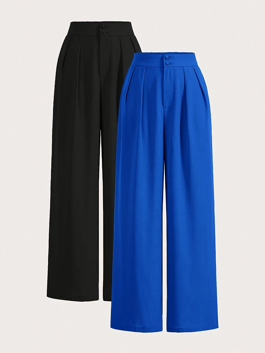 High-Waisted Wide-Leg Pants Two-Piece Set - Royal Blue+black