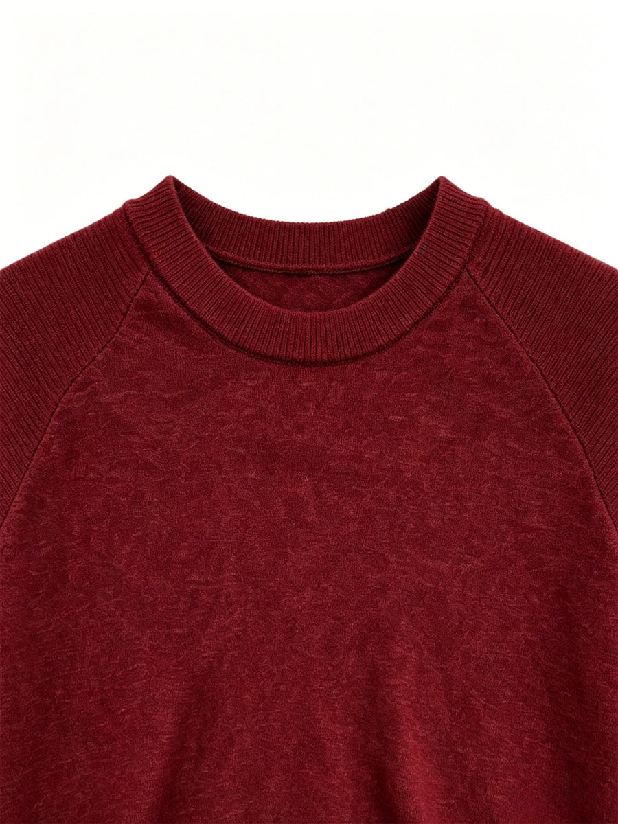 Men's Raglan Crew Neck Short Sleeve Knitwear with Street Graffiti Letter Print, Thin, Breathable, Casual Half-Sleeve - Burgundy