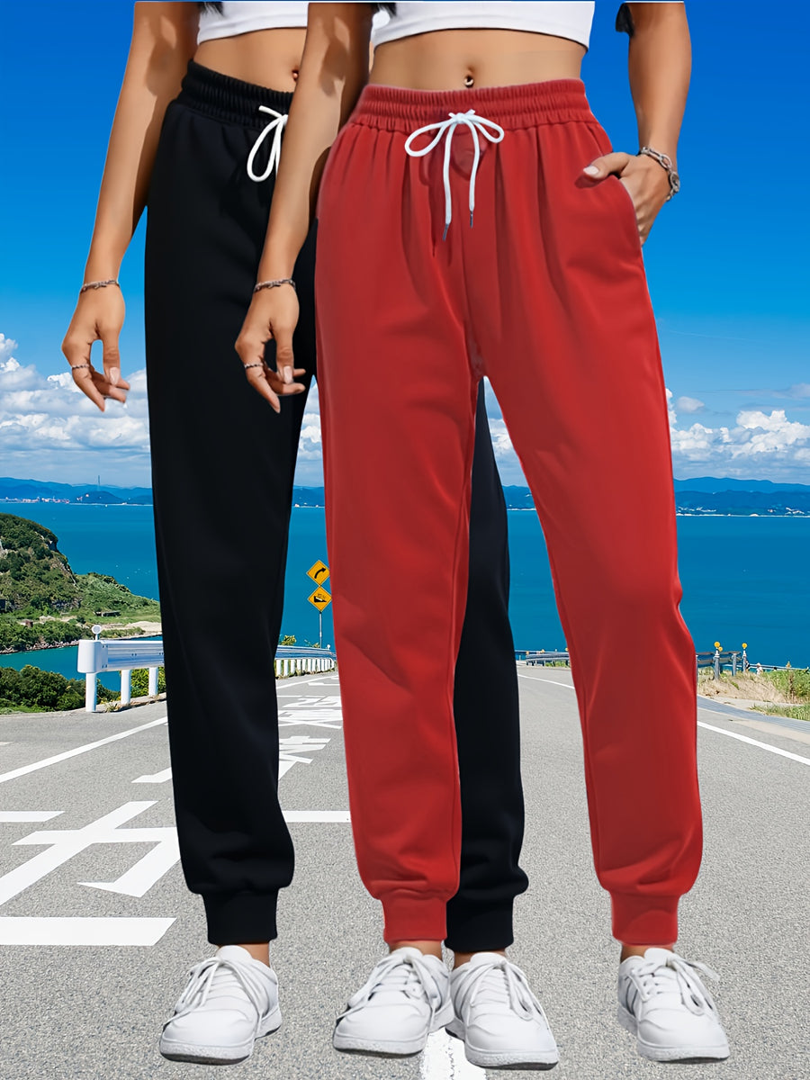 Women's 2pcs Casual Joggers with Drawstring Waist - Comfortable, Loose Fit Sweatpants with Pockets, Solid Color, Ladies Jogging Suits - Black+Red