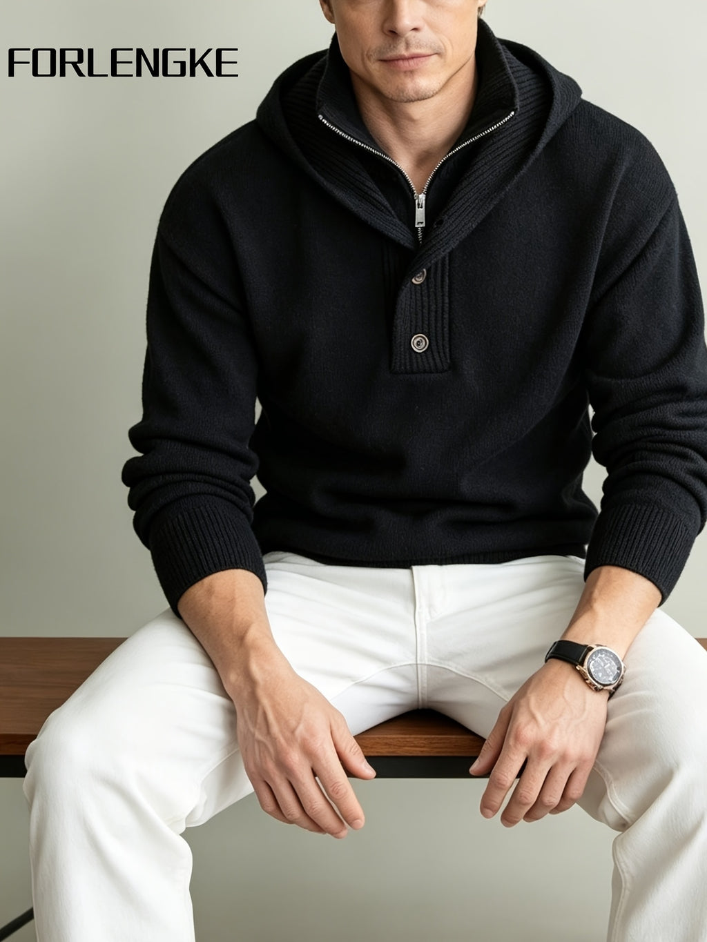 FORLENGKE Men'S Urban Wandering Commuter Style Hooded Half-Zip Knit Sweater, Adjustable Hood with Buckle, Heavy Knit for Temperature Fluctuations, Comfortable for Long Sitting, Suitable for Commuting, Exhibitions, Cafes, Social Gatherings - Black