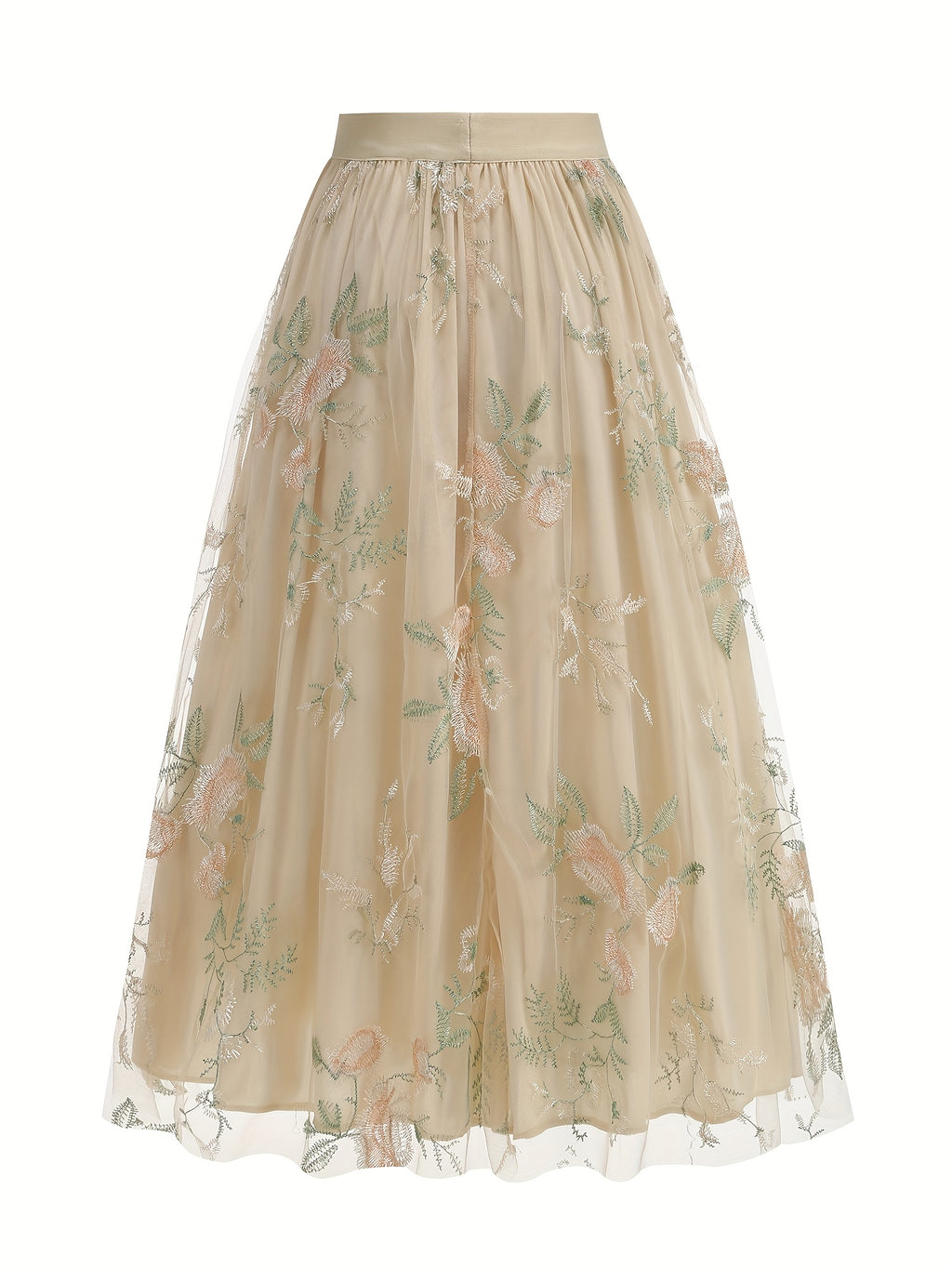 Women'S Elegant Mesh Embroidery Retro Versatile Party Midi Skirt - Apricot