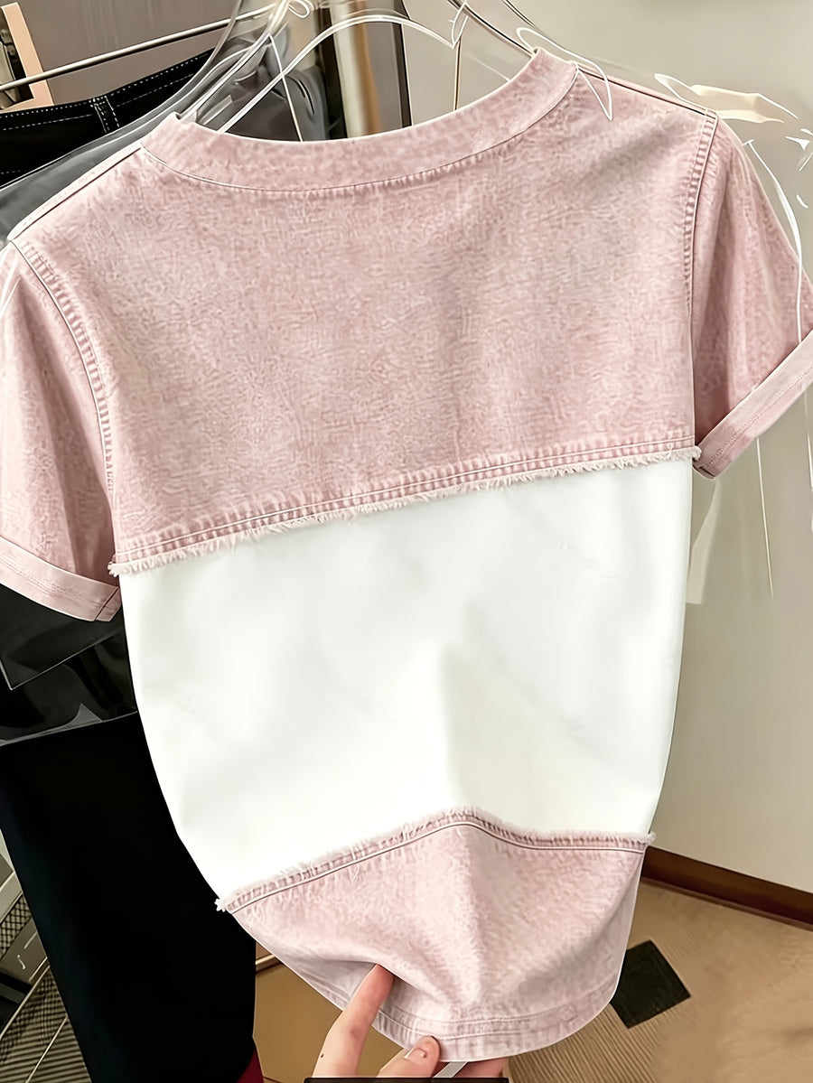 [Printed Pants - Not Denim Fabric] Women's All-Over Imitation Denim Print T-Shirt - Short Sleeve Round Neck -Compatible Top | Full-Body Denim Patchwork Design | Machine Washable Casual Summer Style Suitable for Spring/Summer Casual Attire & Layering - Pale Pinkish Gray