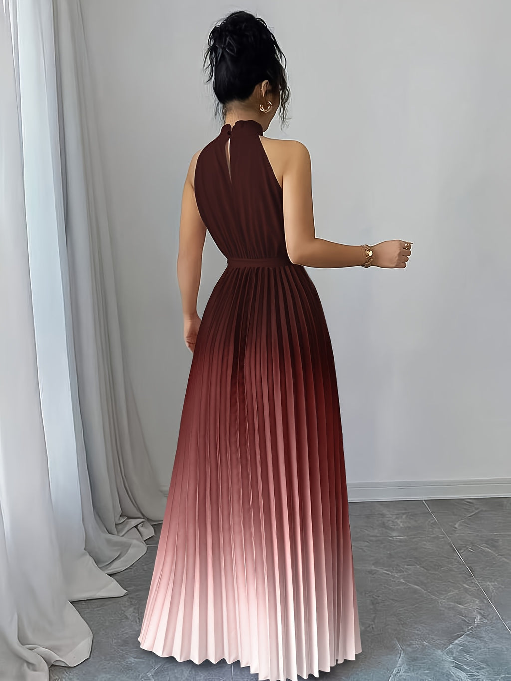 Elegant Romantic Ruffled Neckline And Waist Tie A-Line Pleated Gradient Maxi Dress - Gradient Wine Red