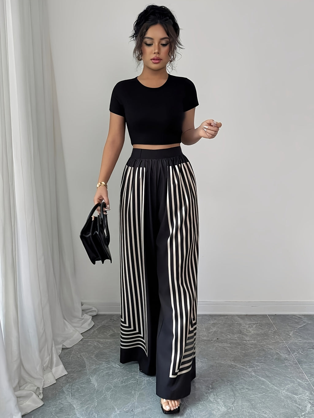 Elegant Striped Black And White Contrasting Straight-Leg Women'S Pants ( Not Included) - Nian Nian - Black And White