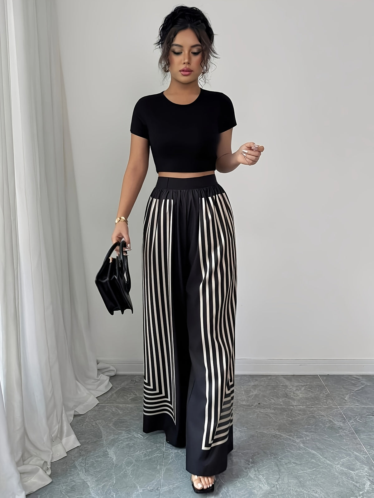Elegant Striped Black And White Contrasting Straight-Leg Women'S Pants ( Not Included) - Nian Nian - Black And White