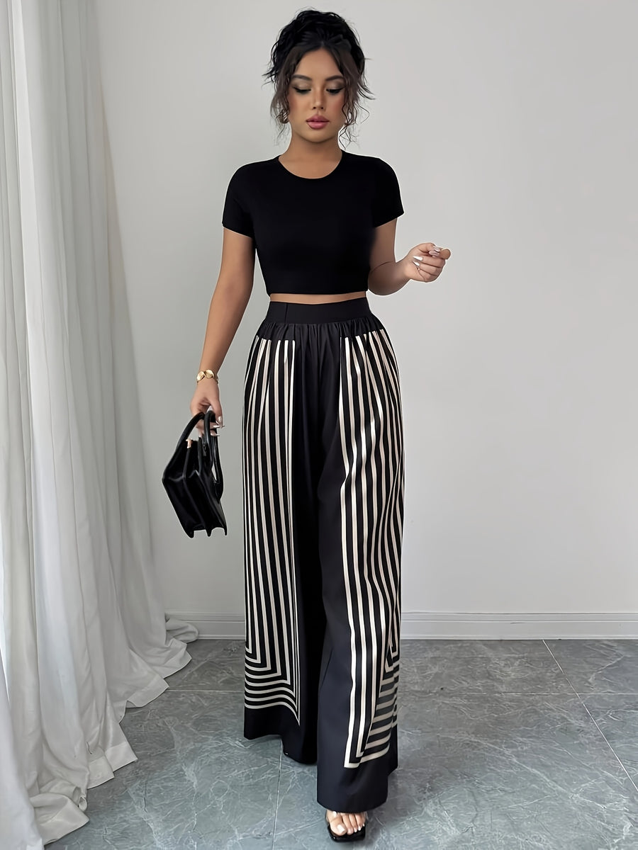 Elegant Striped Black And White Contrasting Straight-Leg Women'S Pants ( Not Included) - Nian Nian - Black And White