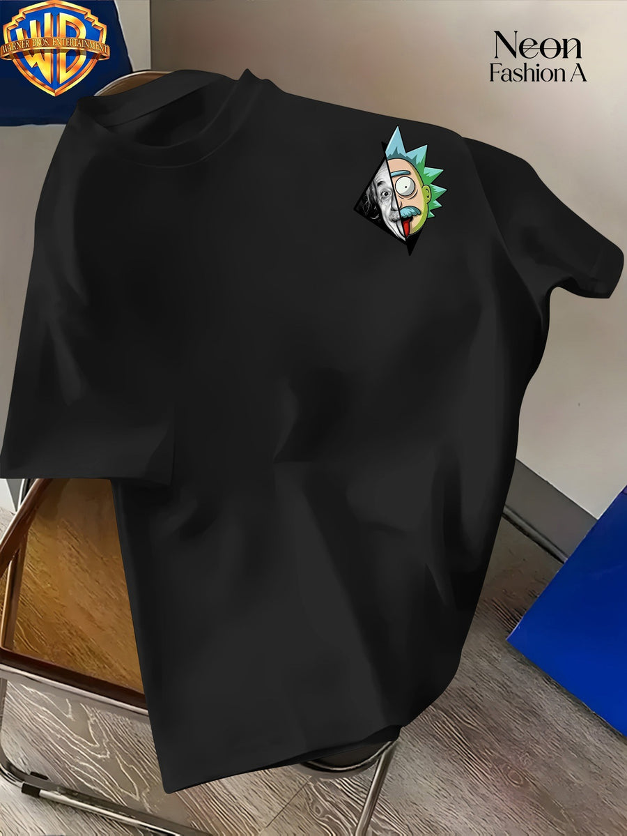 Warner Licensed Unisex Short Sleeve T-Shirt Casual Commute Shopping Classic Science And Anime Creative Patchwork Artistic Print Round Neck Pullover Summer Comfortable Breathable Trendy Top - Black