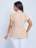 Western Elegant Directional Elegant Commuter Solid Color Summer Lapel Short Sleeve Button Bow Elegant Women'S Blouse - Apricot